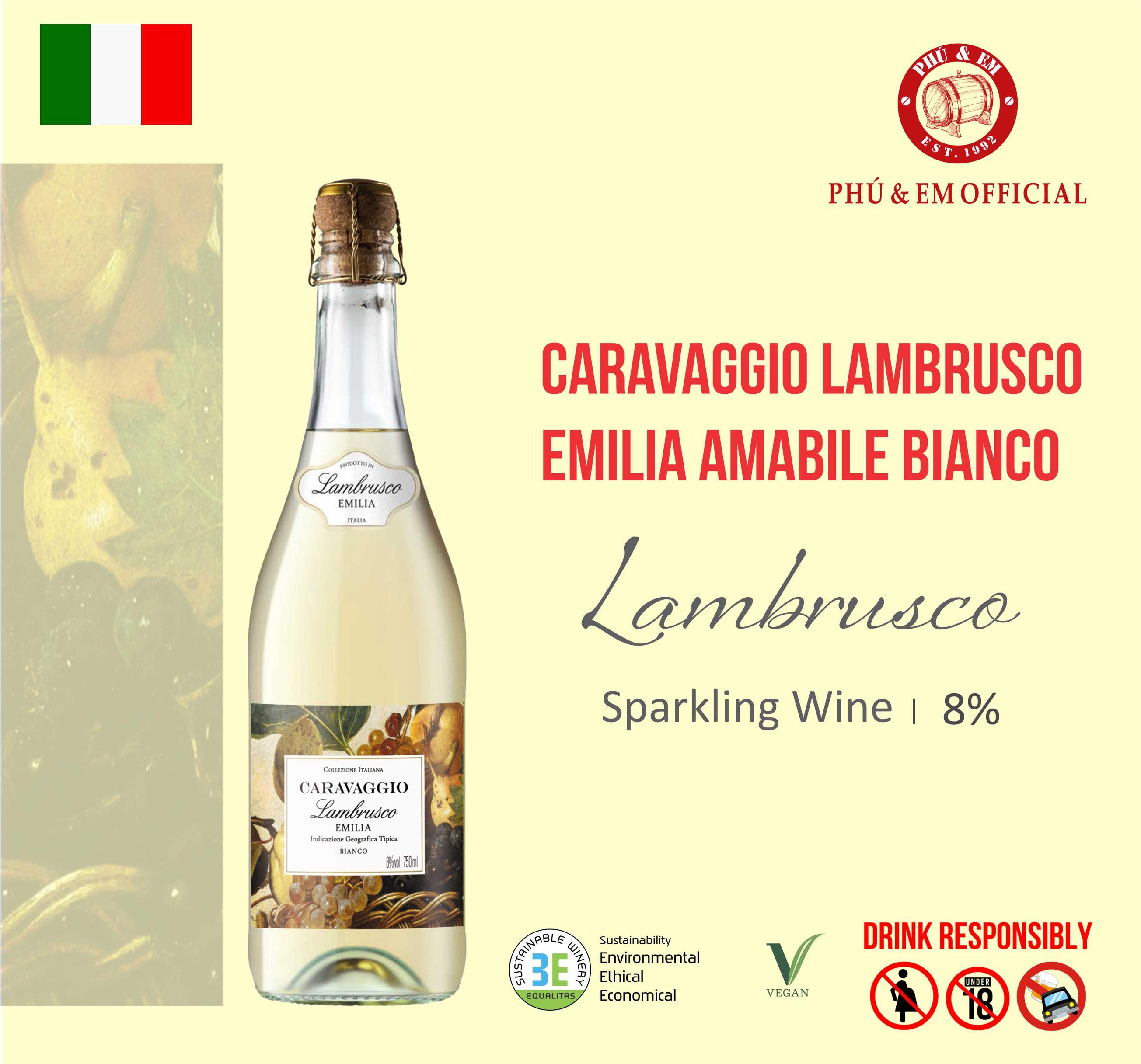 Rượu Vang Nổ Ý Caravaggio Lambrusco Emilia Amabile Bianco