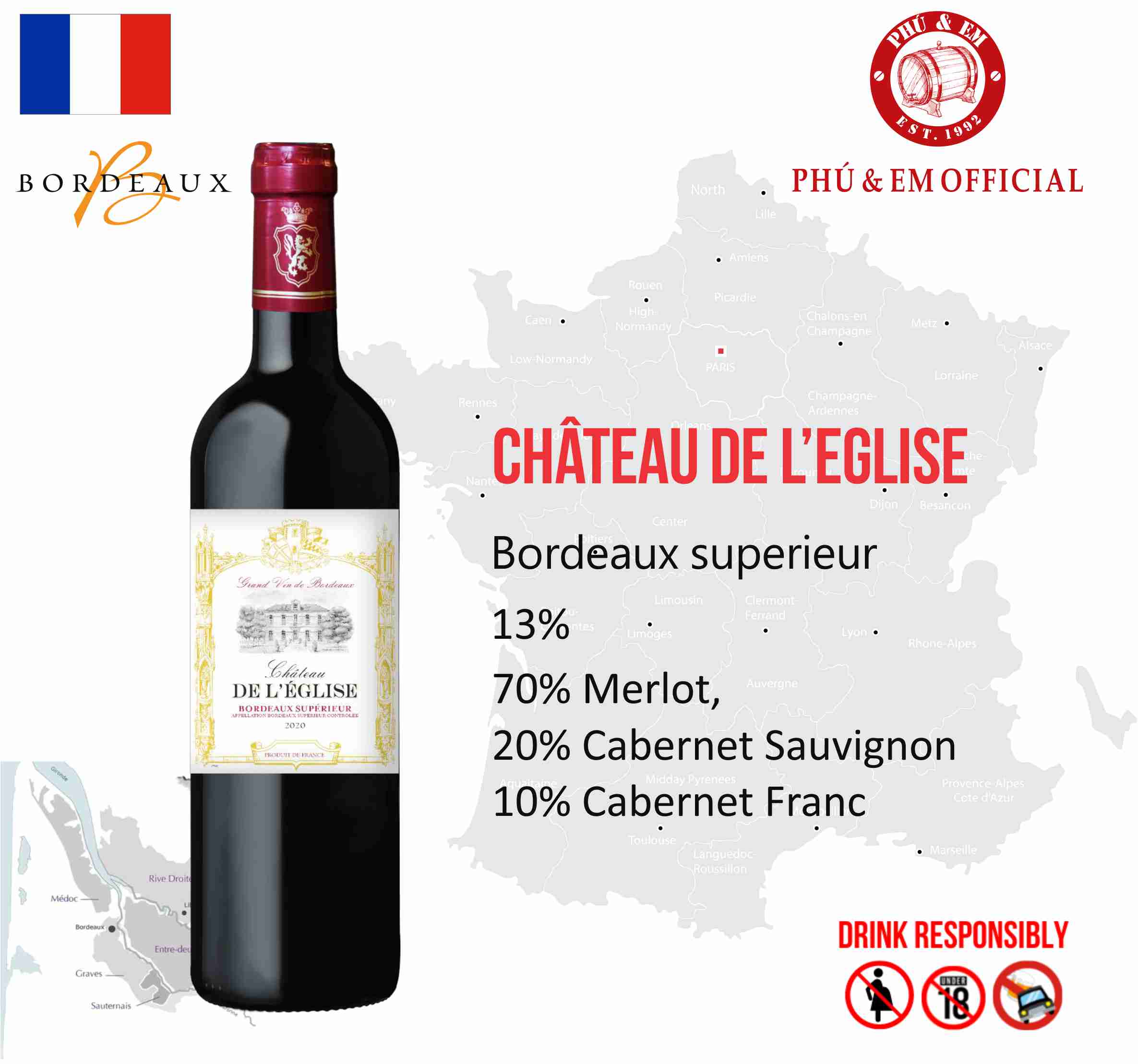 [MUA 3 TẶNG VOUCHER] - Rượu Vang Đỏ Pháp Chateau de l'Eglise Bordeaux Superieur