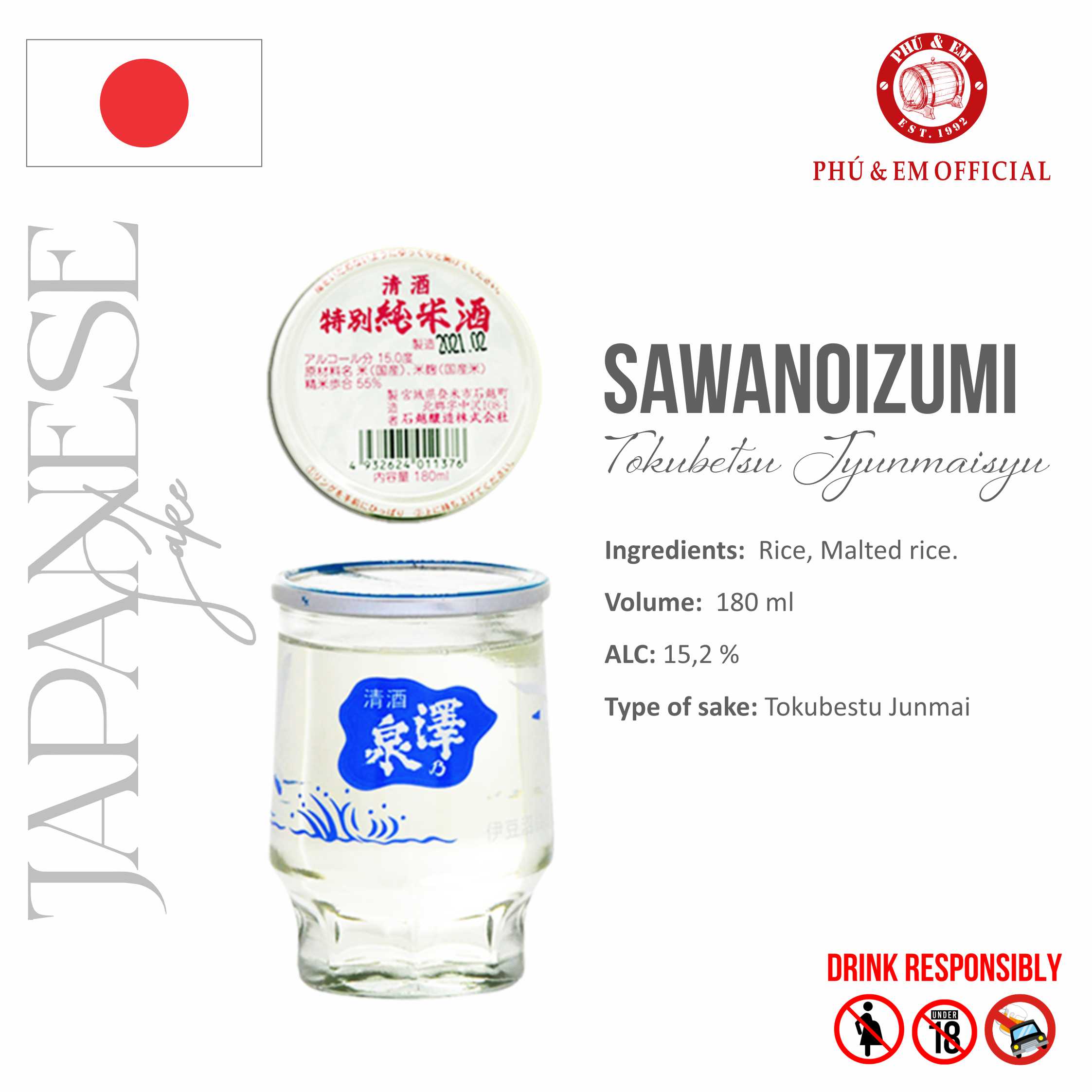  Rượu Sake Nhật Tokubetsu Jyunmaisyu Sawanoizumi, Cup Miyagi 