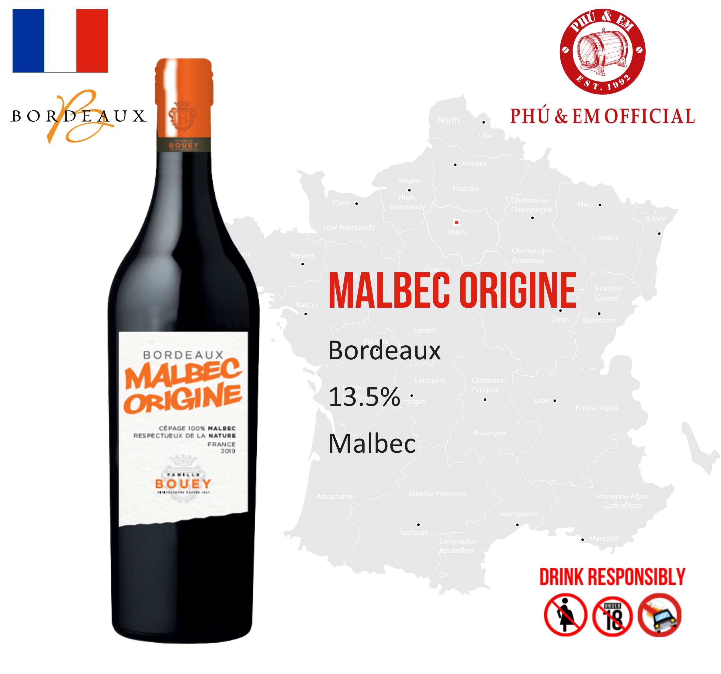  Rượu Vang Đỏ Pháp Maison Bouey Malbec Origine 