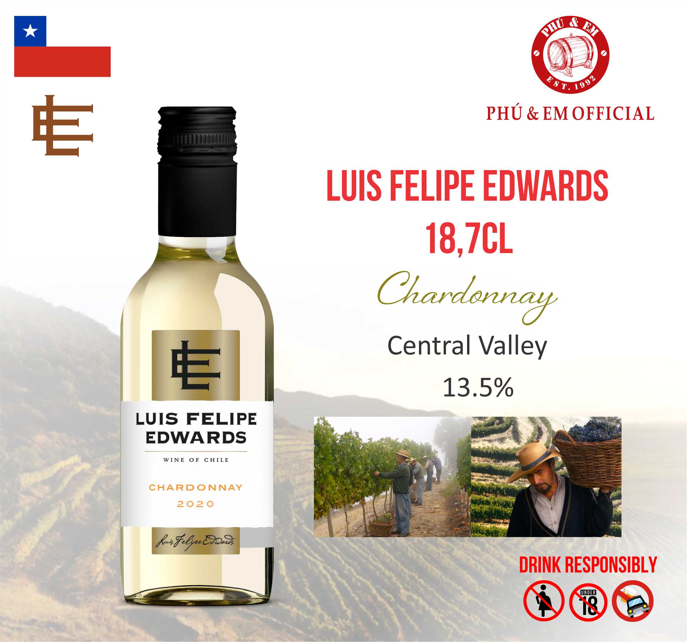Rượu Vang Trắng Chile Luis Felipe Edwards Chardonnay 187ml