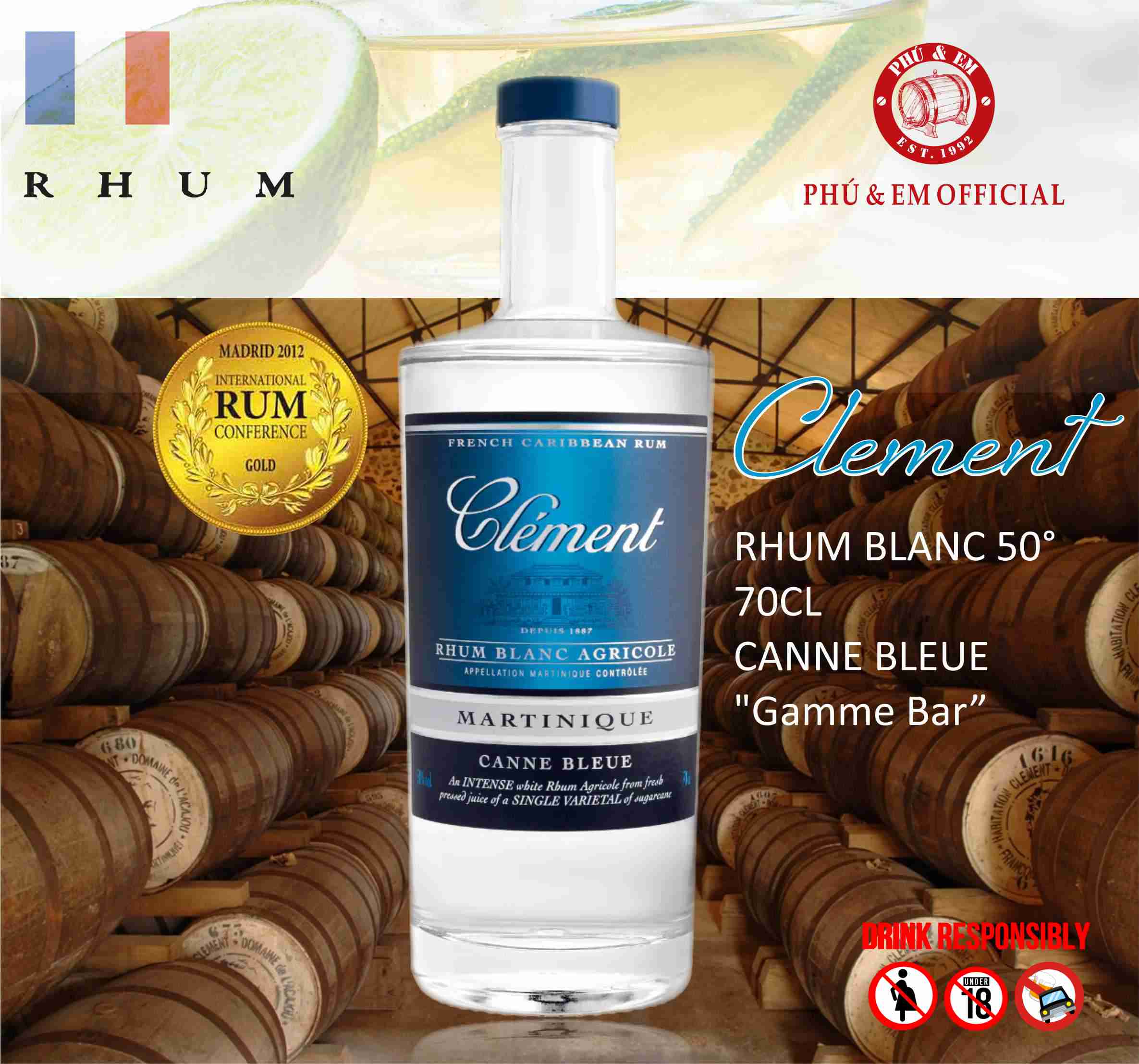 Rượu Mạnh Clement RHUM BLANC 50° 70CL CANNE BLEUE Gamme Bar