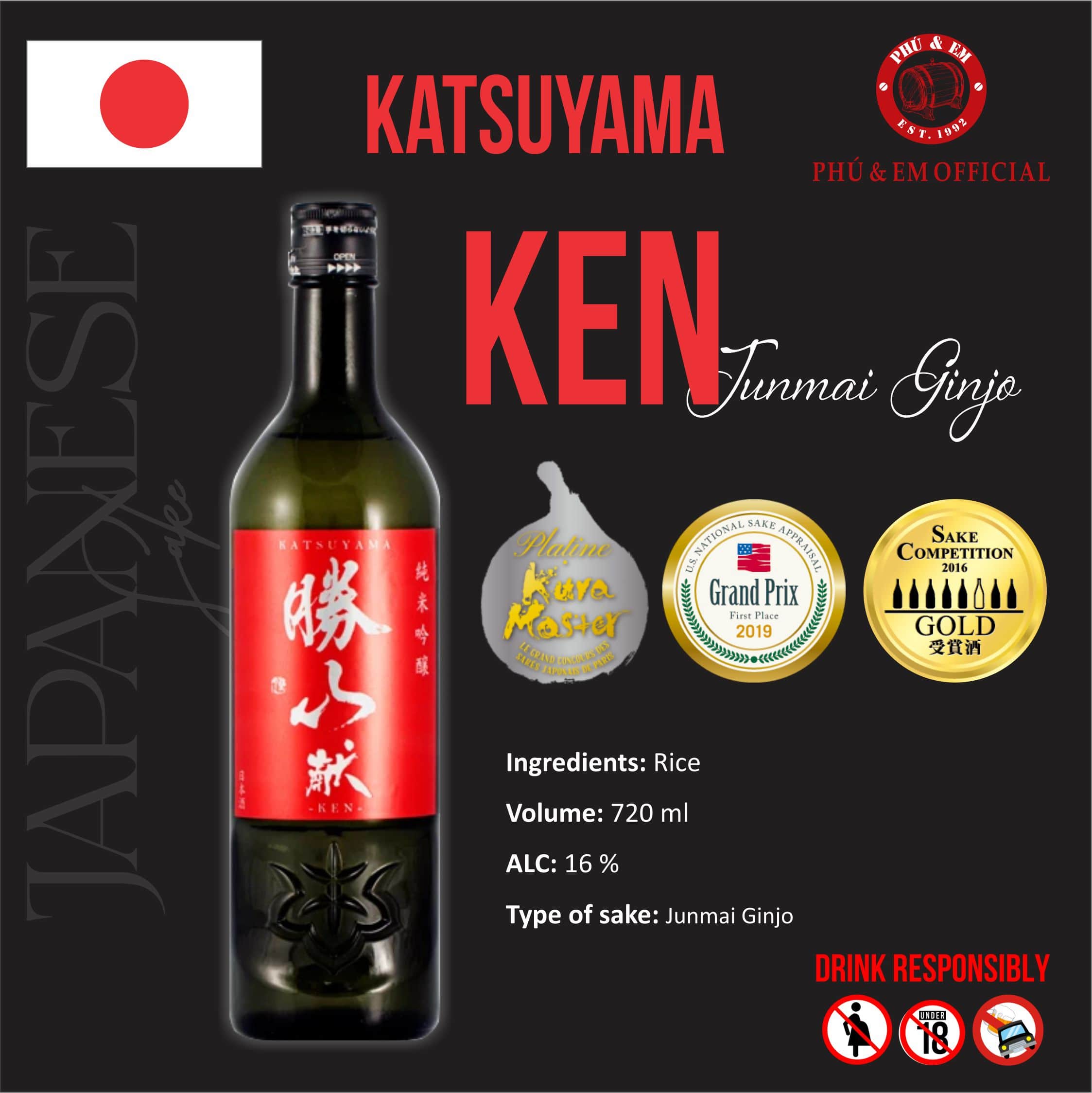 Rượu Sake Nhật Katsuyama Junmai Ginjo Ken 720ml