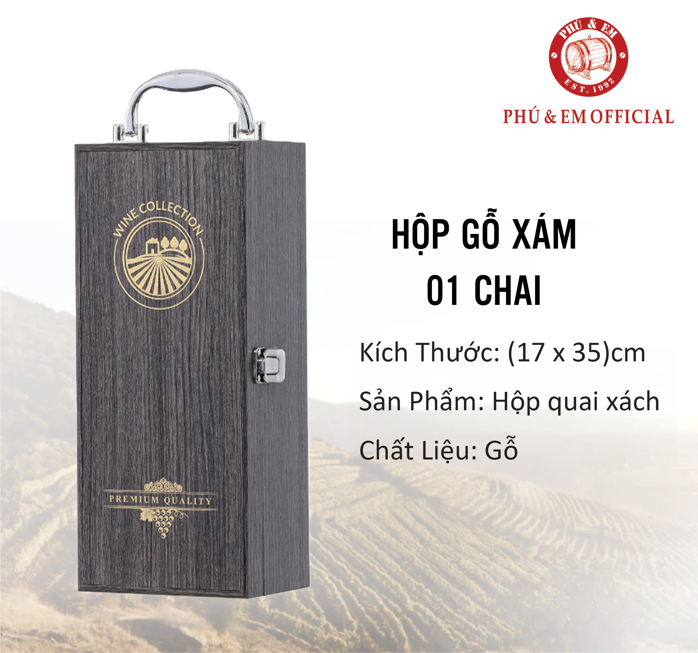 Hộp Gỗ Xám 01 Chai