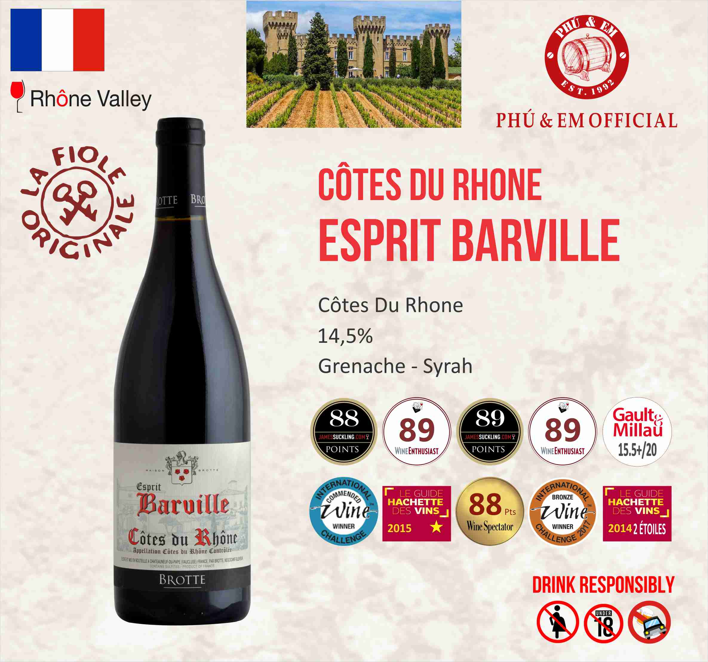 Rượu Vang Đỏ Pháp Côtes du Rhône Esprit Barville