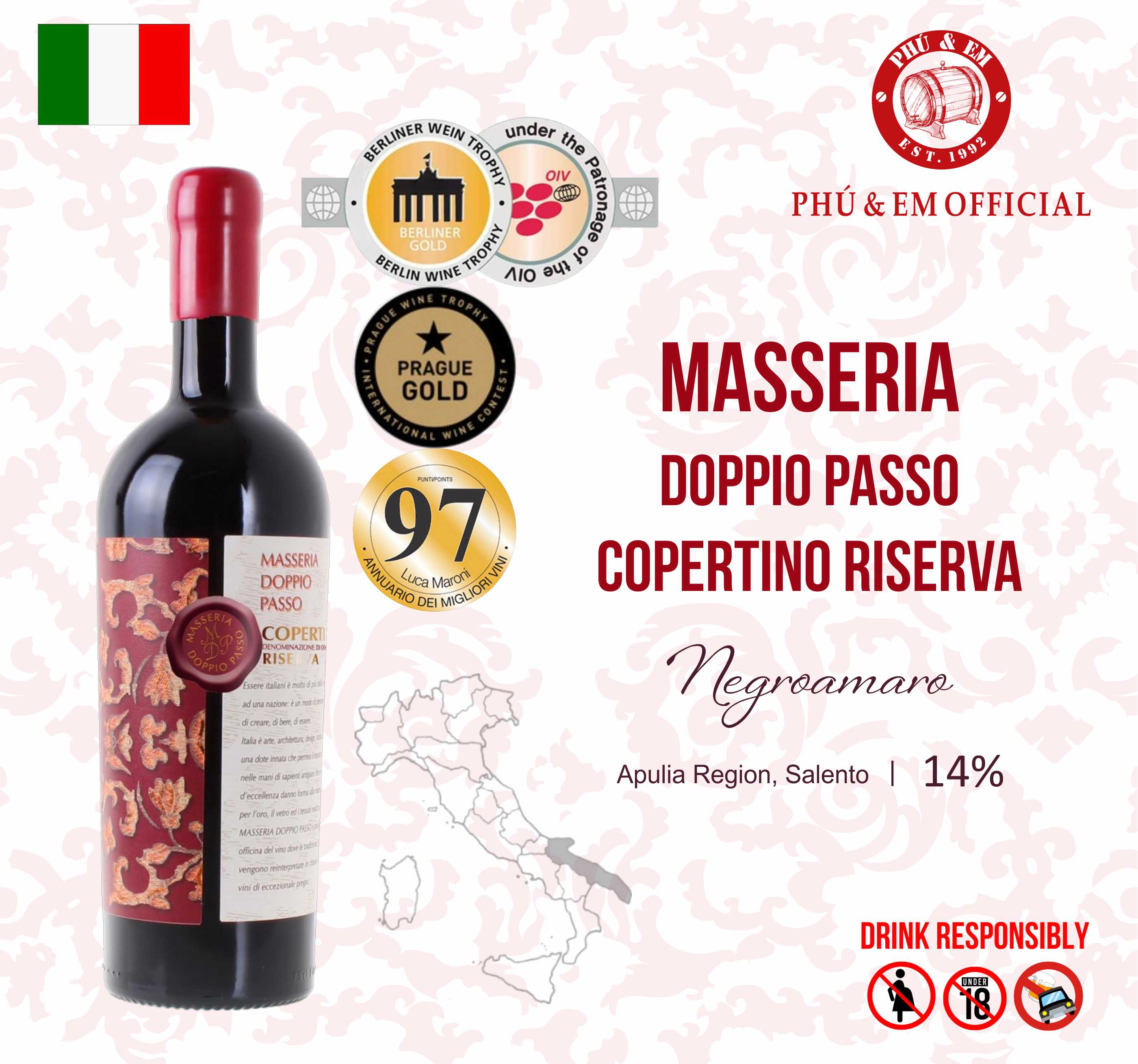  Rượu Vang Đỏ Ý Masseria Doppio Passo Copertino Riserva 