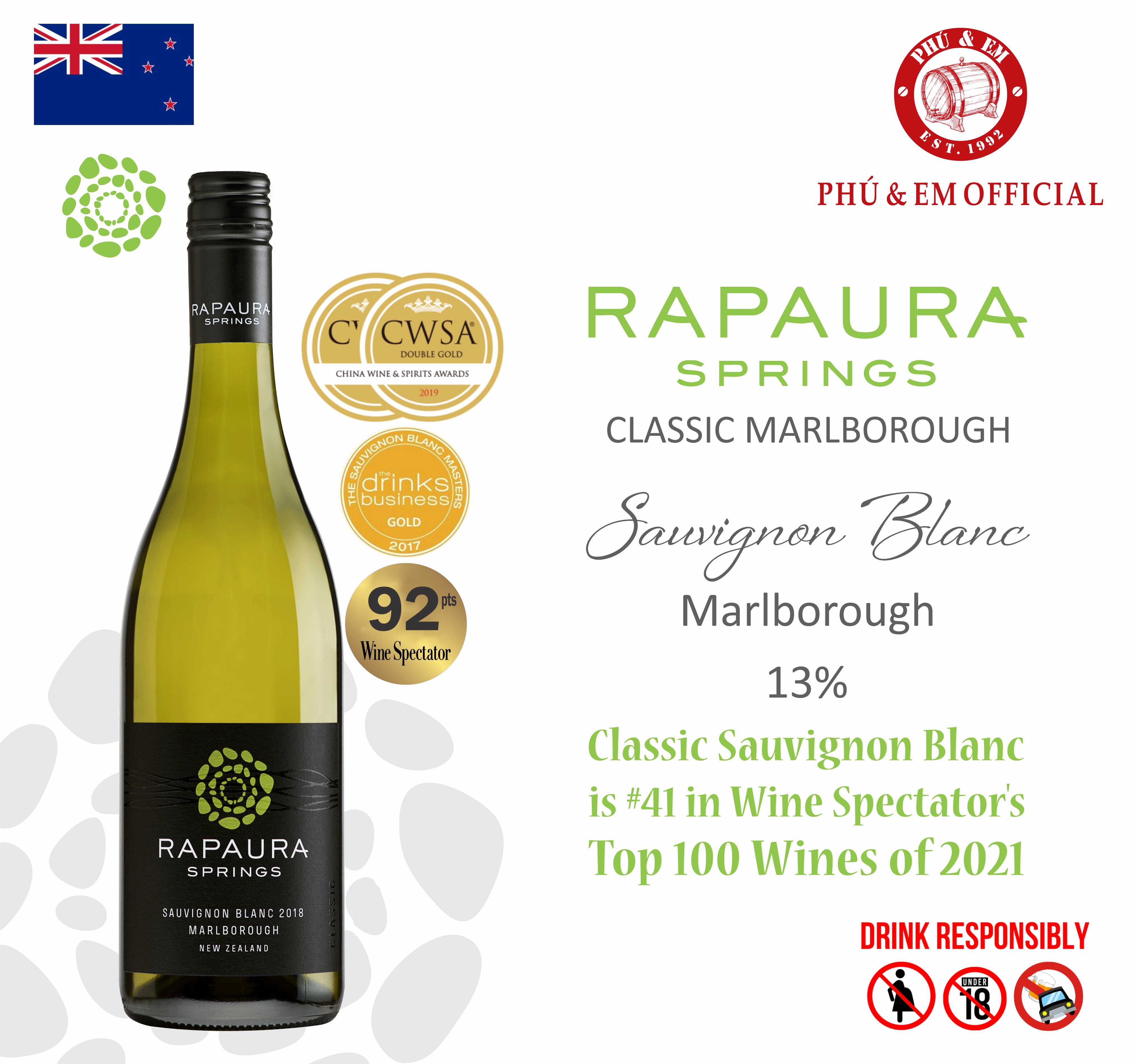 Rượu Vang Trắng New Zealand Rapaura Springs Classic Marlborough Sauvignon Blanc