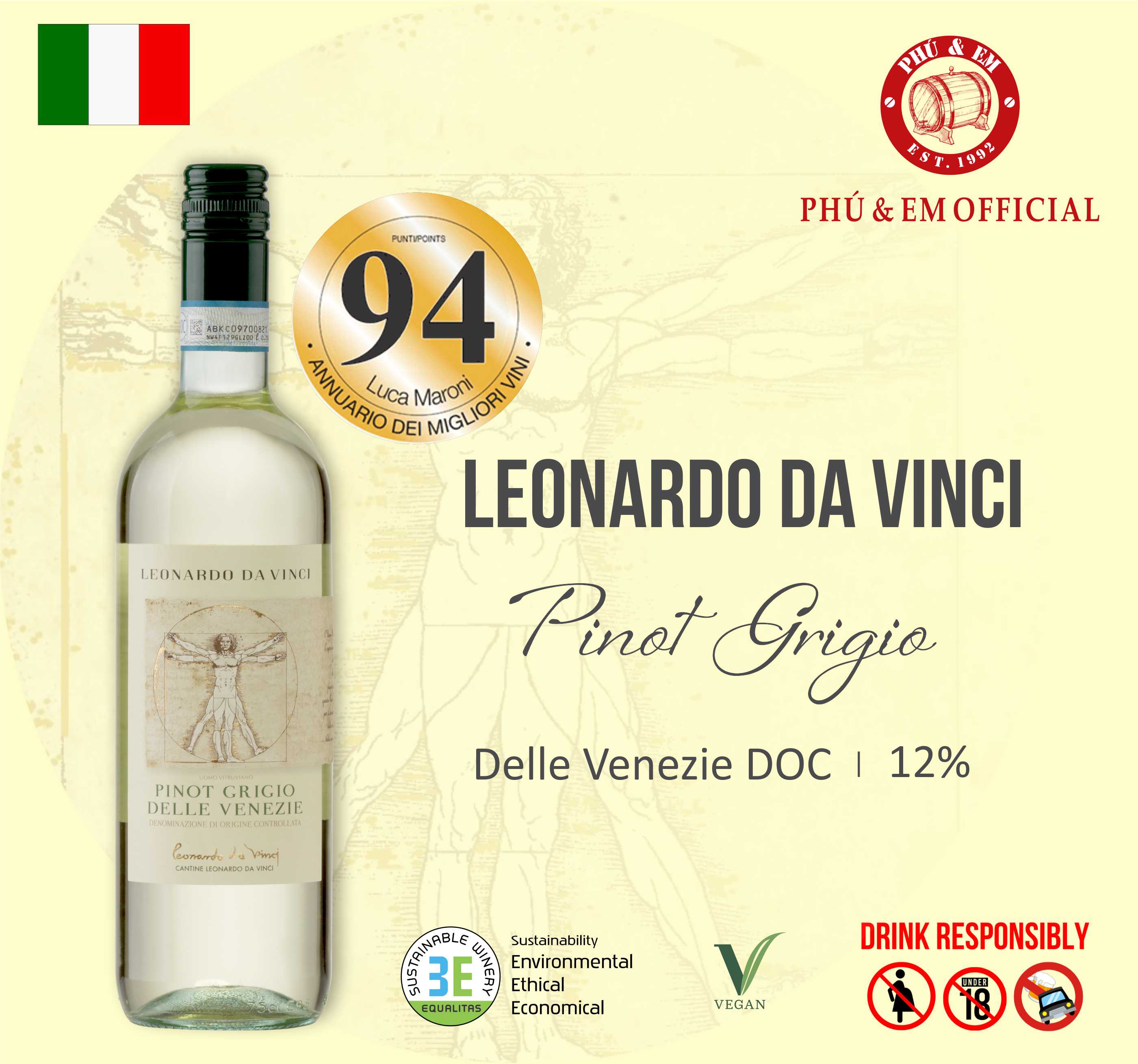 Rượu Vang Trắng Ý Leonardo Da Vinci Pinot Grigio Delle Venezie