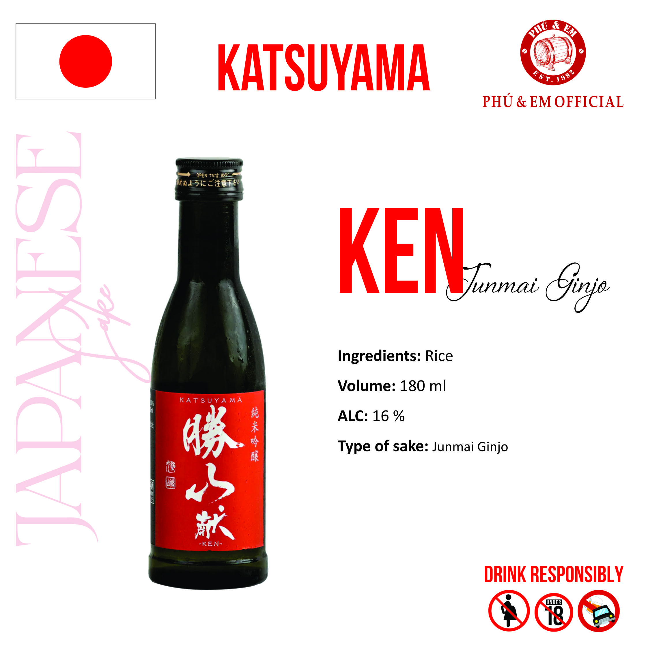 Rượu Sake Nhật Katsuyama Junmai Ginjo Ken 180ml