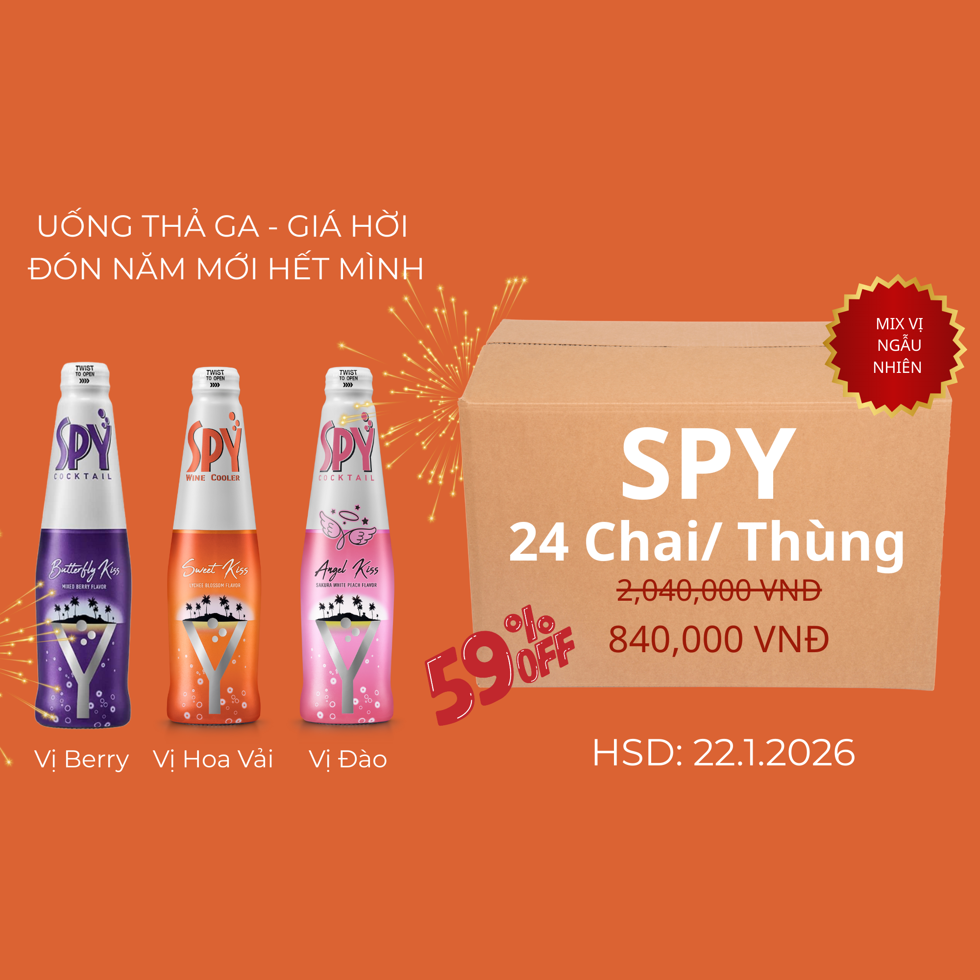 (SALE KHỦNG 40%) Rượu Trái Cây Thái Lan Spy Nồng Độ 4% 275ml, Mixed Vị (Thùng 24 chai)