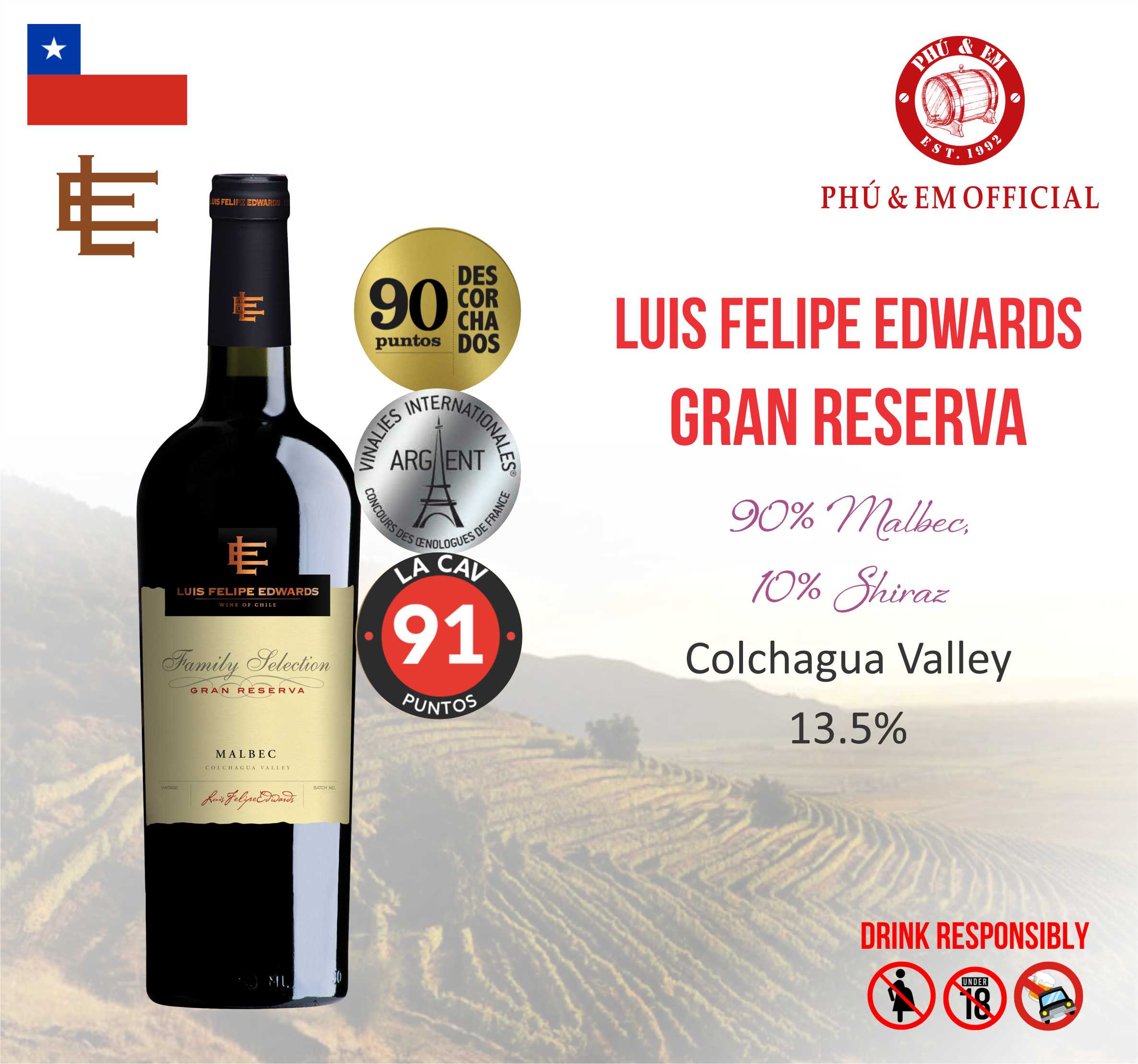  [CHƯƠNG TRÌNH THÁNG TÁM] Rượu Vang Đỏ Chile Luis Felipe Edwards Gran Reserva Malbec 
