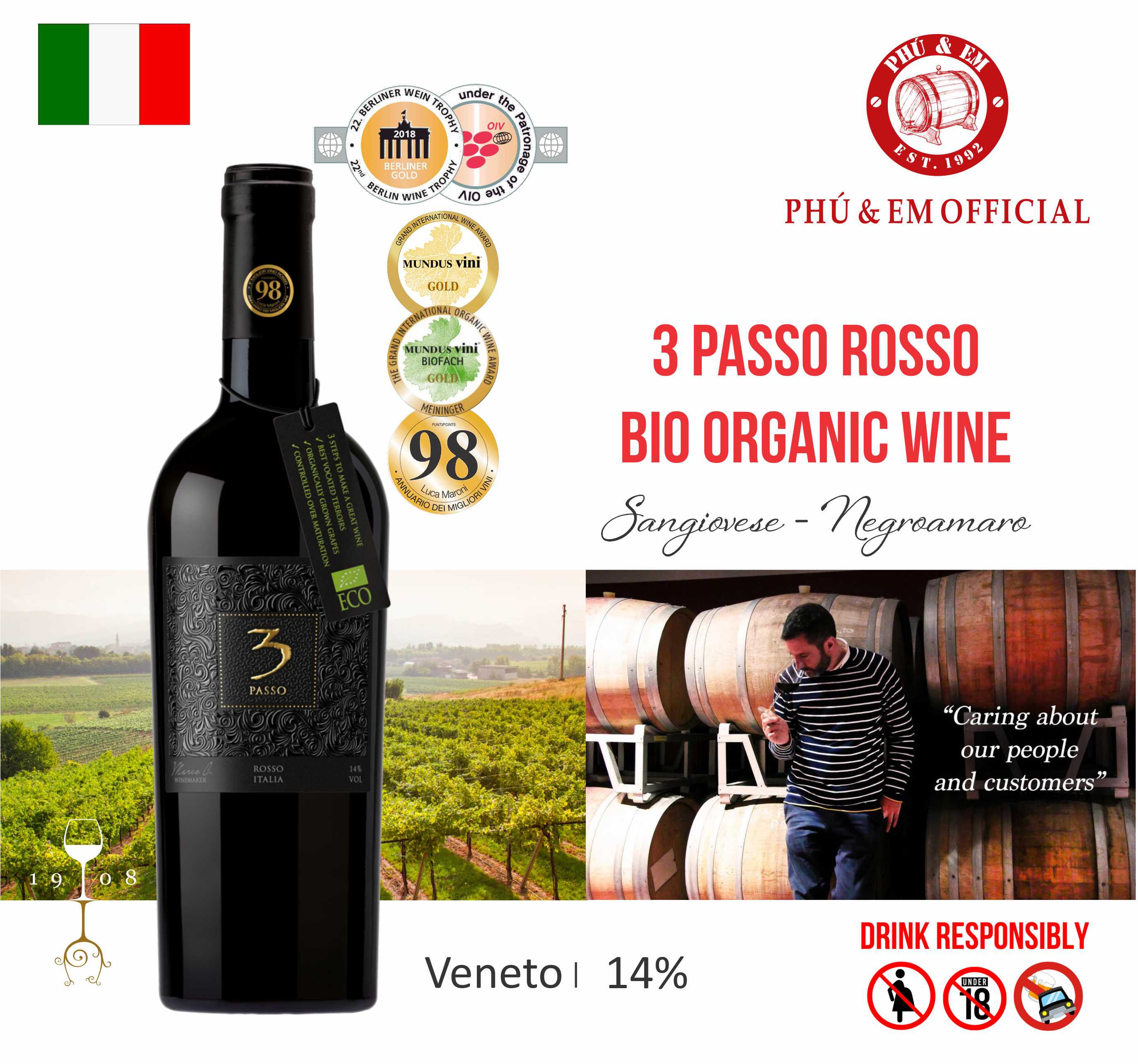 [CHƯƠNG TRÌNH THÁNG TÁM] Rượu Vang Đỏ Ý 3 Passo Rosso Bio Organic