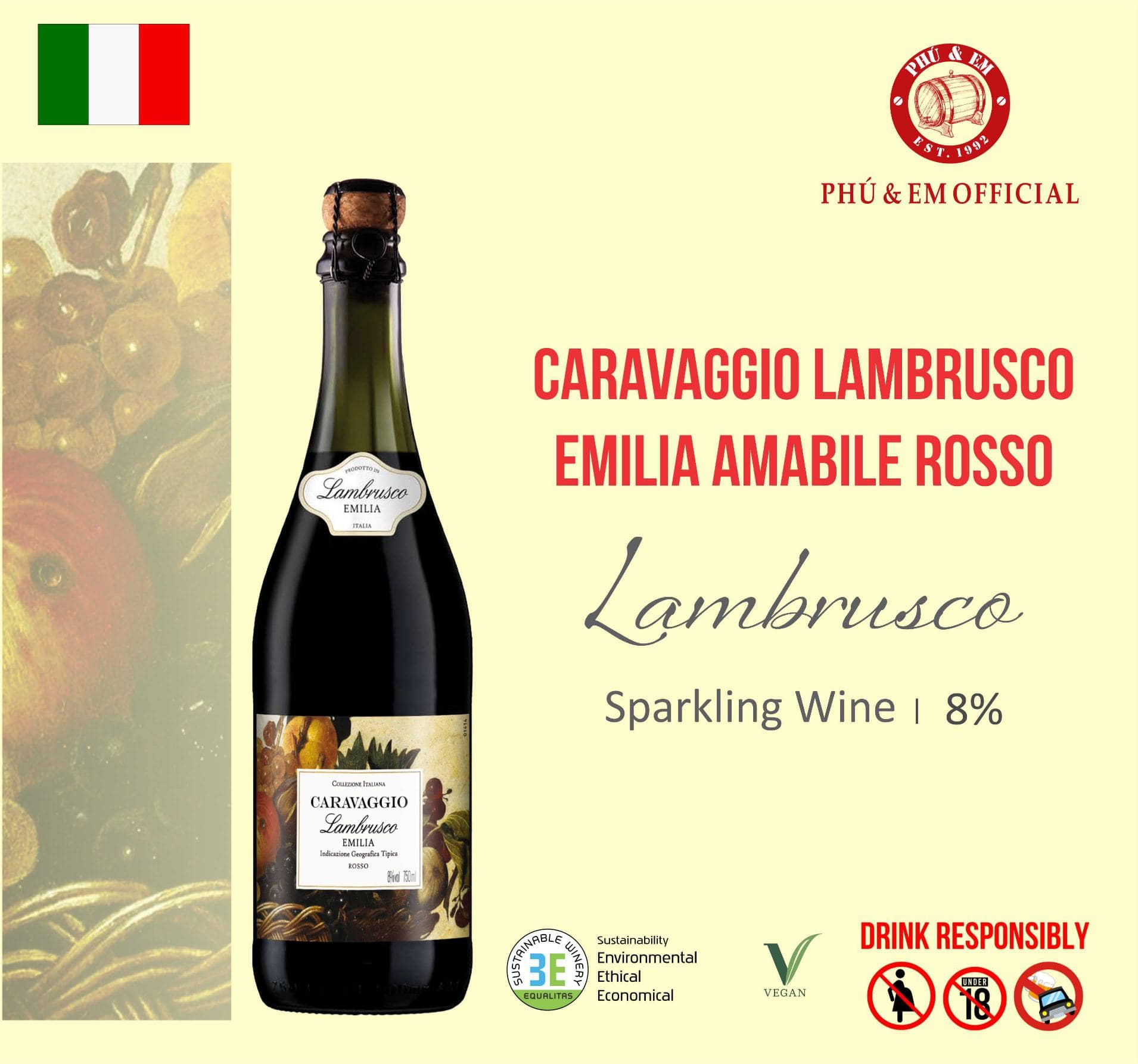 [CHƯƠNG TRÌNH THÁNG TÁM] Rượu Vang Nổ Ý Caravaggio Lambrusco Emilia Amabile Rosso
