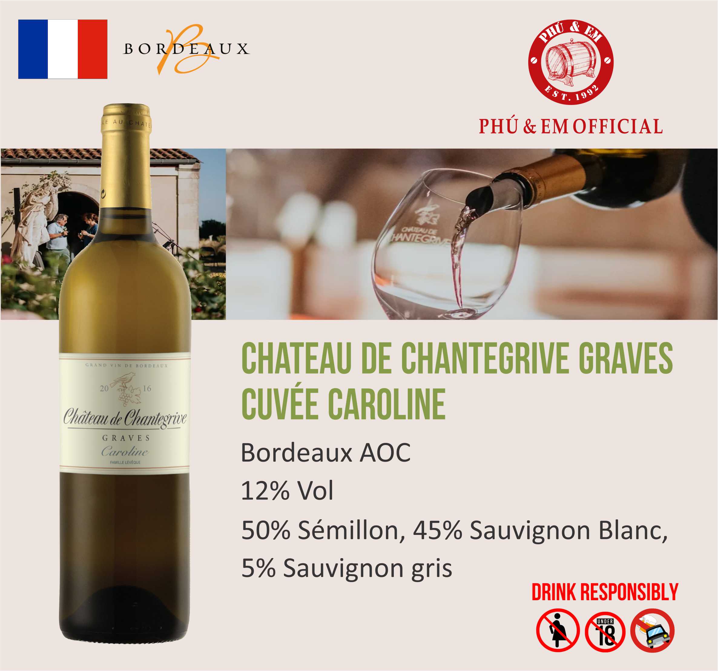  [CHƯƠNG TRÌNH THÁNG TÁM] Rượu Vang Trắng Pháp Chateau de Chantegrive Cuvée Caroline 