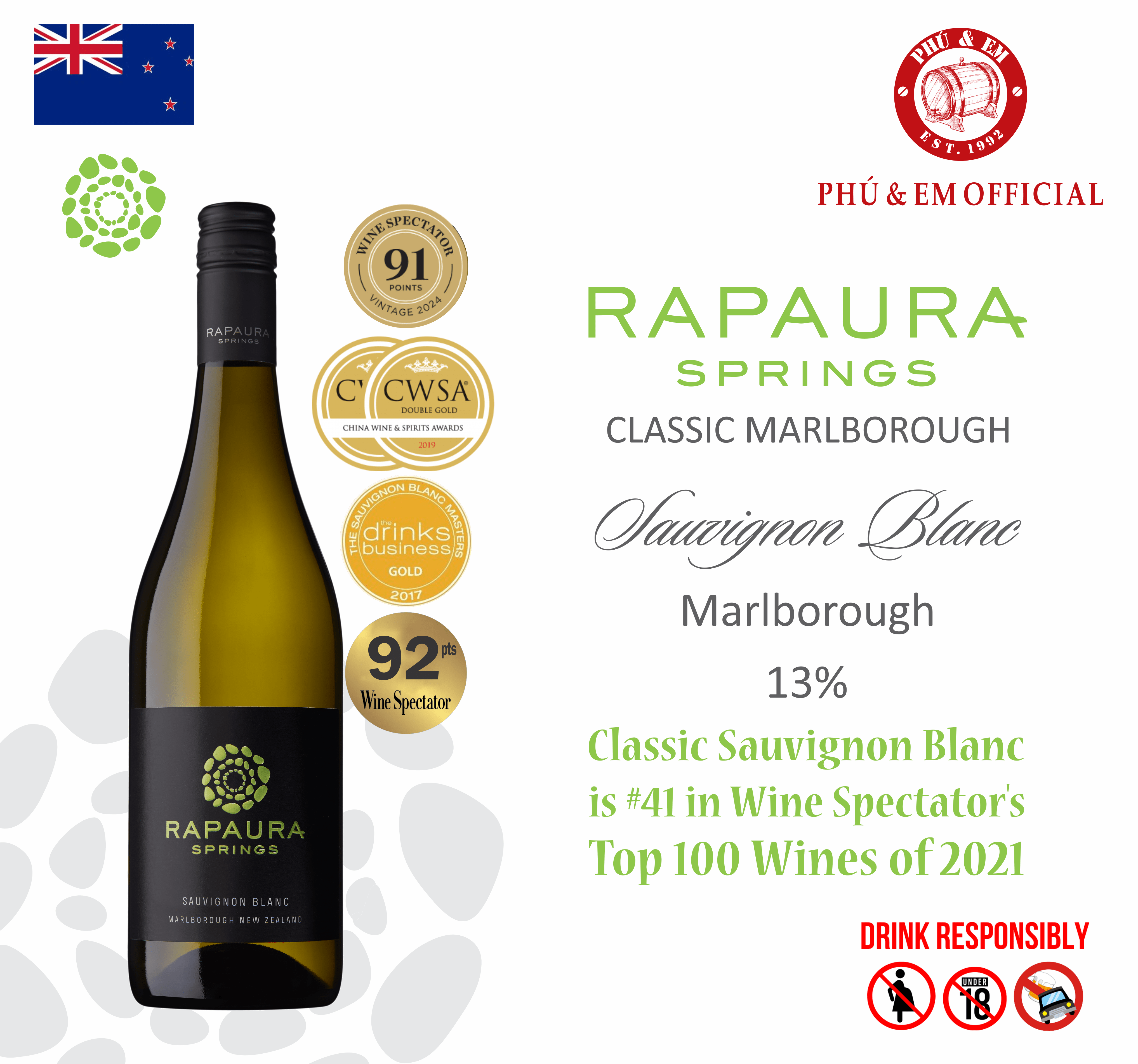  Rượu Vang Trắng New Zealand Rapaura Springs Classic Sauvignon Blanc 