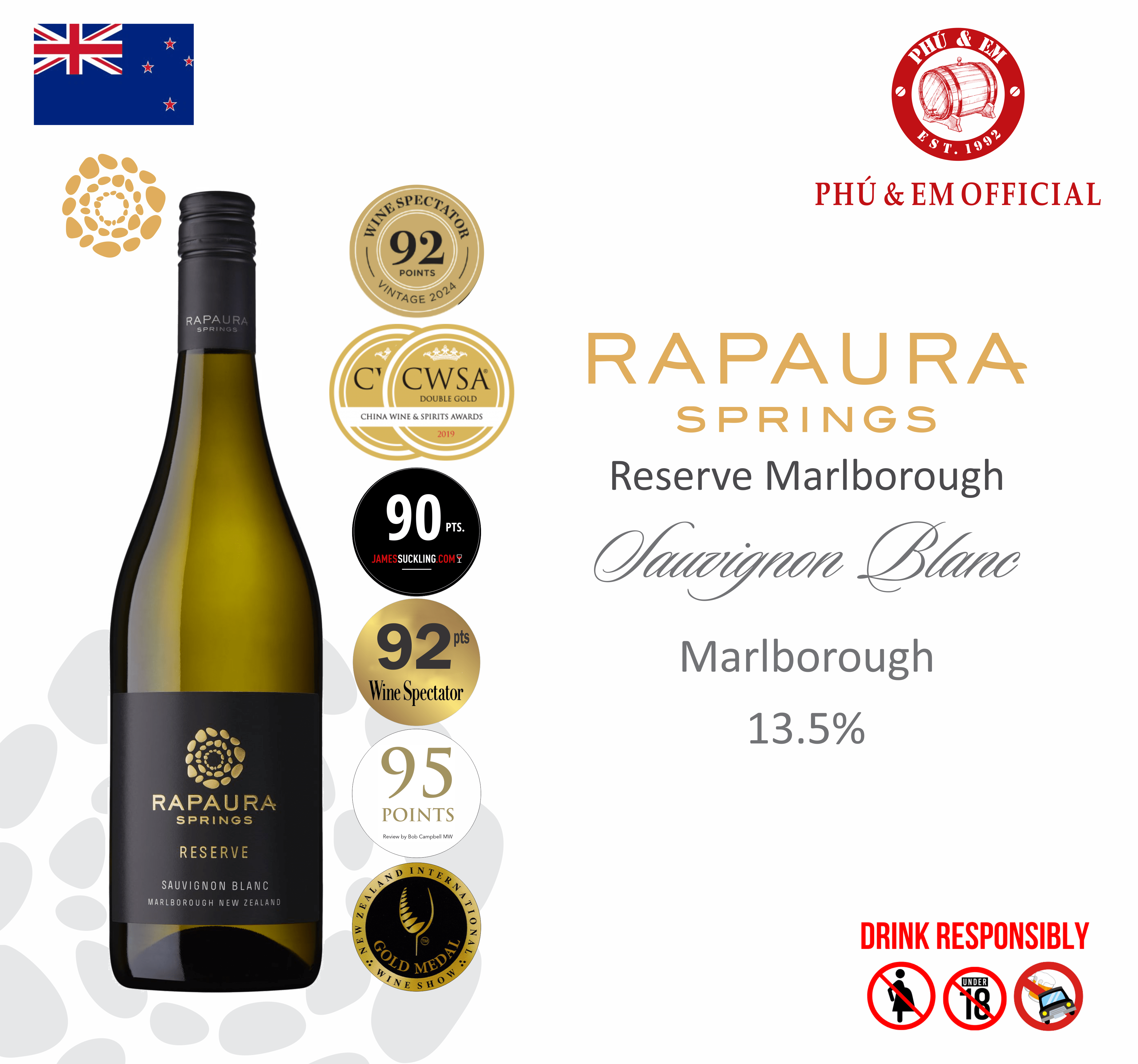  Rượu Vang Trắng New Zealand Rapaura Springs Reserve Sauvignon Blanc 