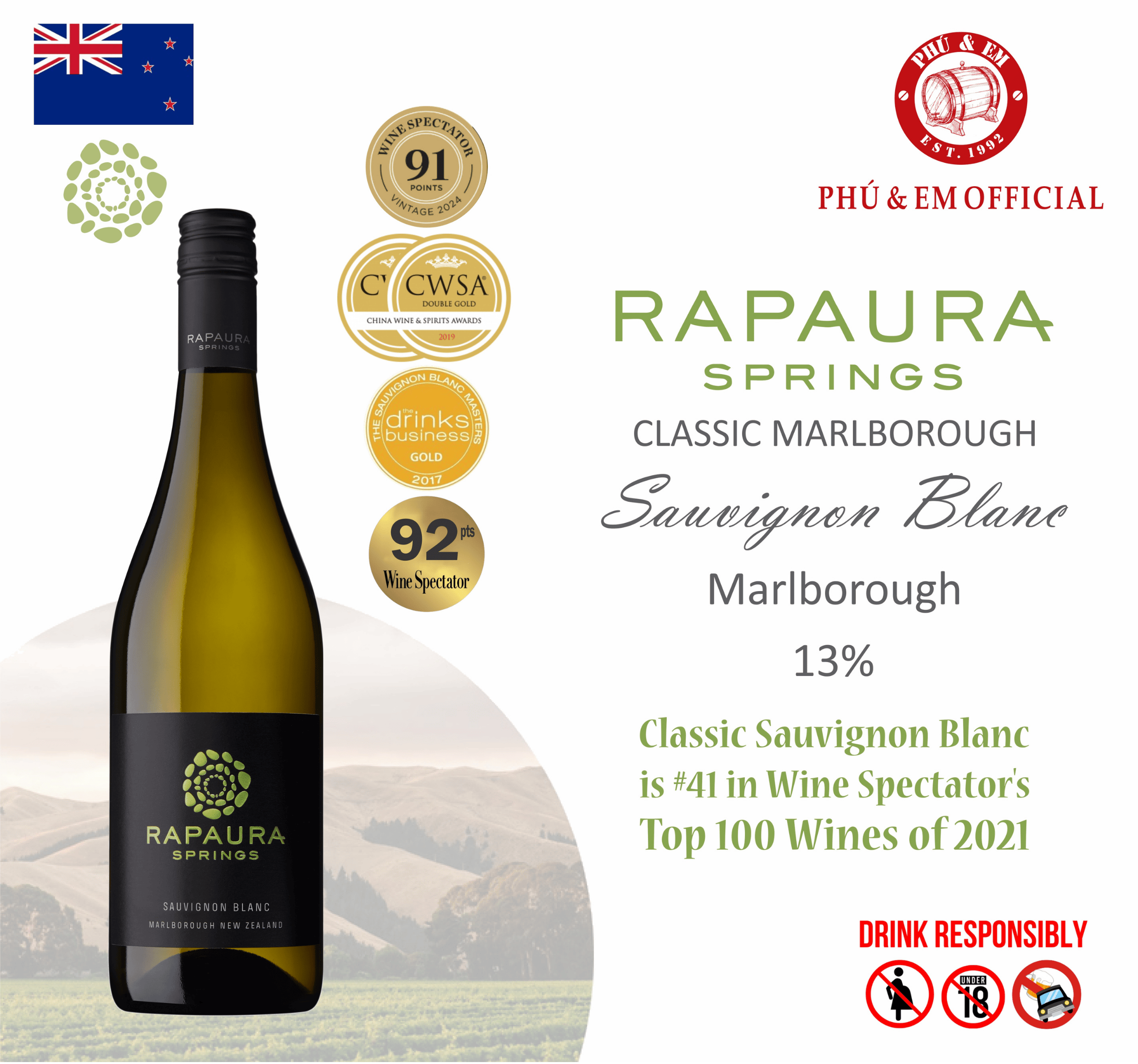  Rượu Vang Trắng New Zealand Rapaura Springs Classic Sauvignon Blanc 
