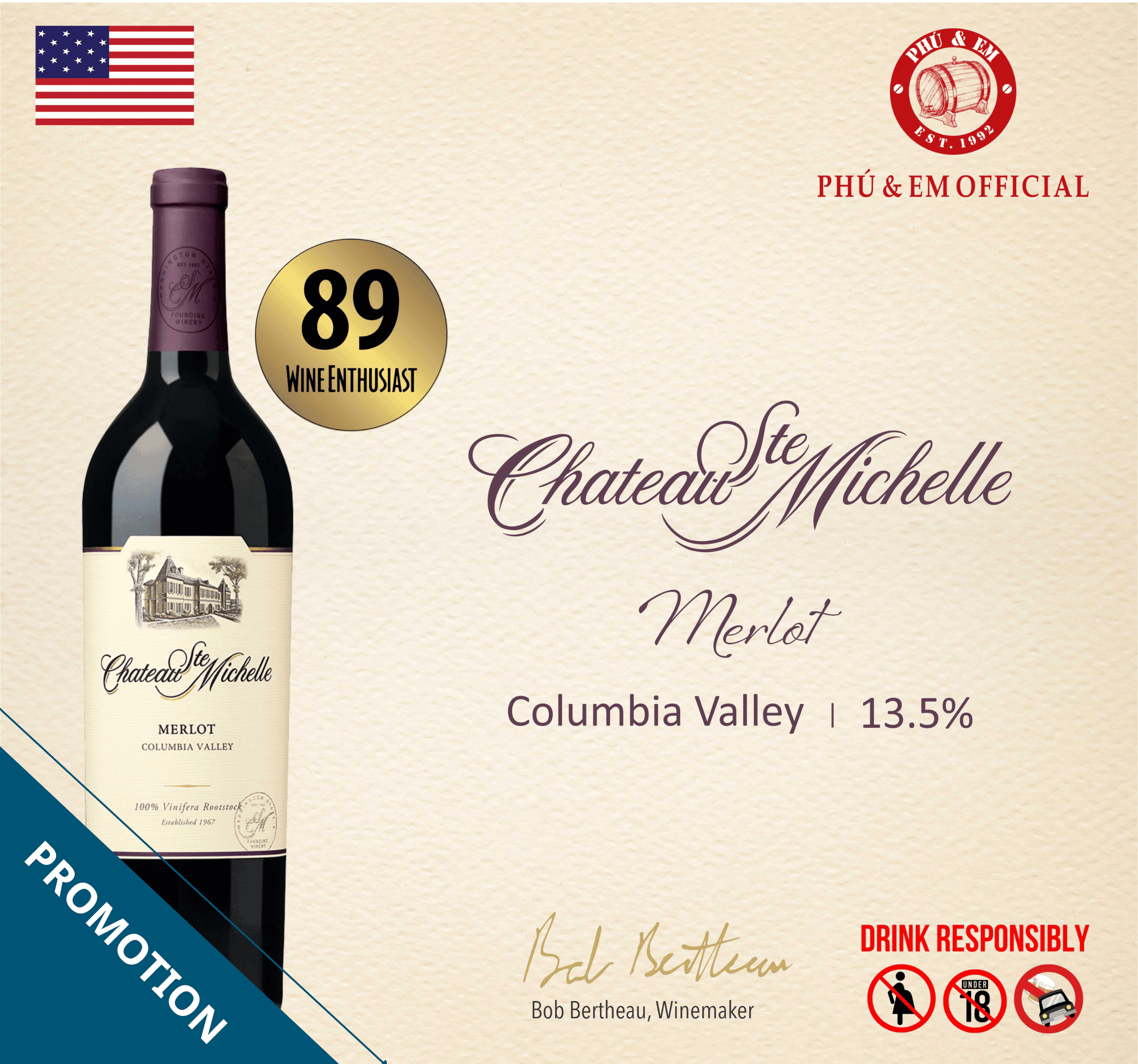  [CHƯƠNG TRÌNH THÁNG TÁM] Rượu Vang Đỏ Mỹ Chateau Ste. Michelle Merlot 