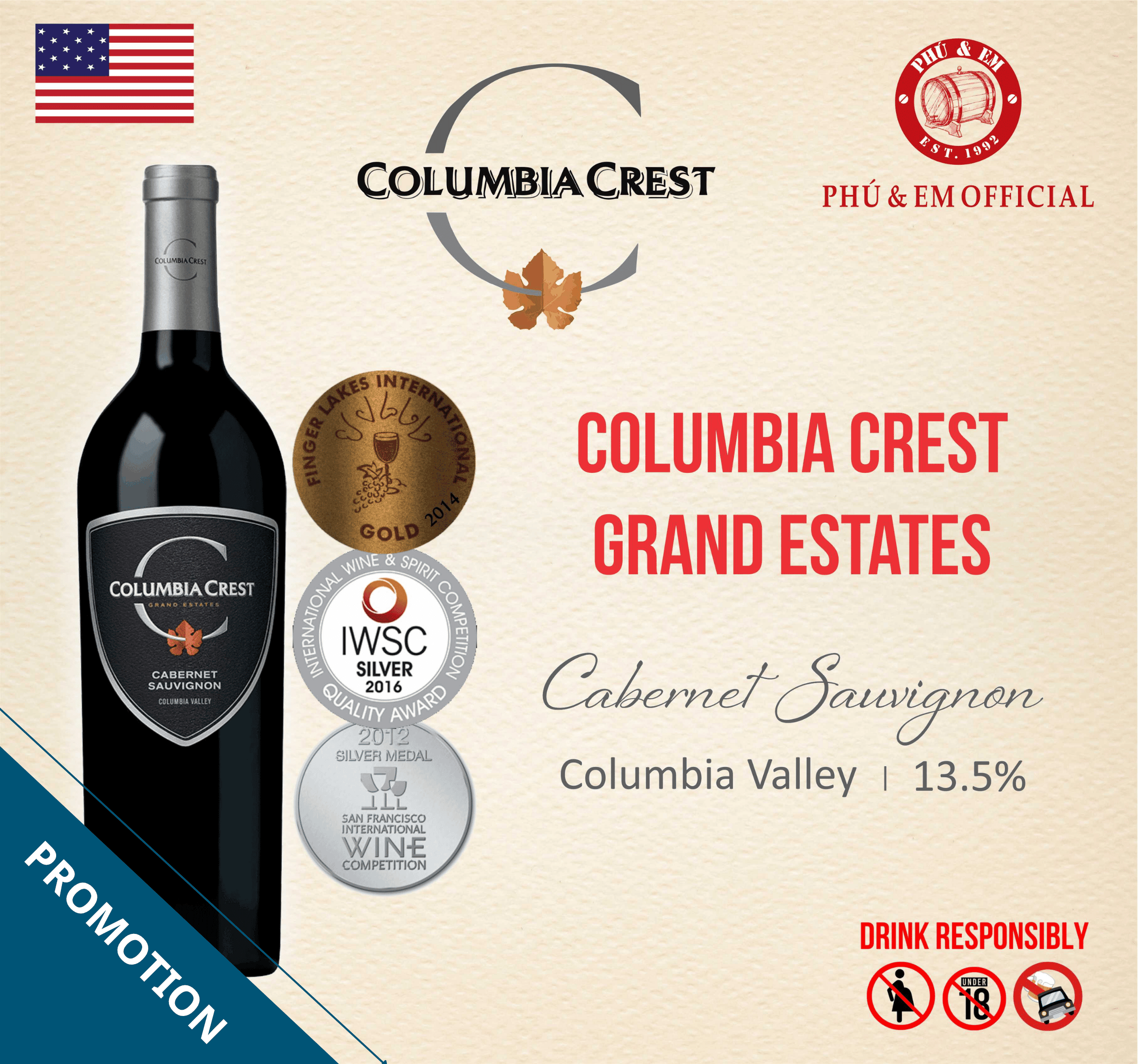  [CHƯƠNG TRÌNH THÁNG TÁM] Rượu Vang Đỏ Mỹ Columbia Crest Grand Estates Cabernet Sauvignon 