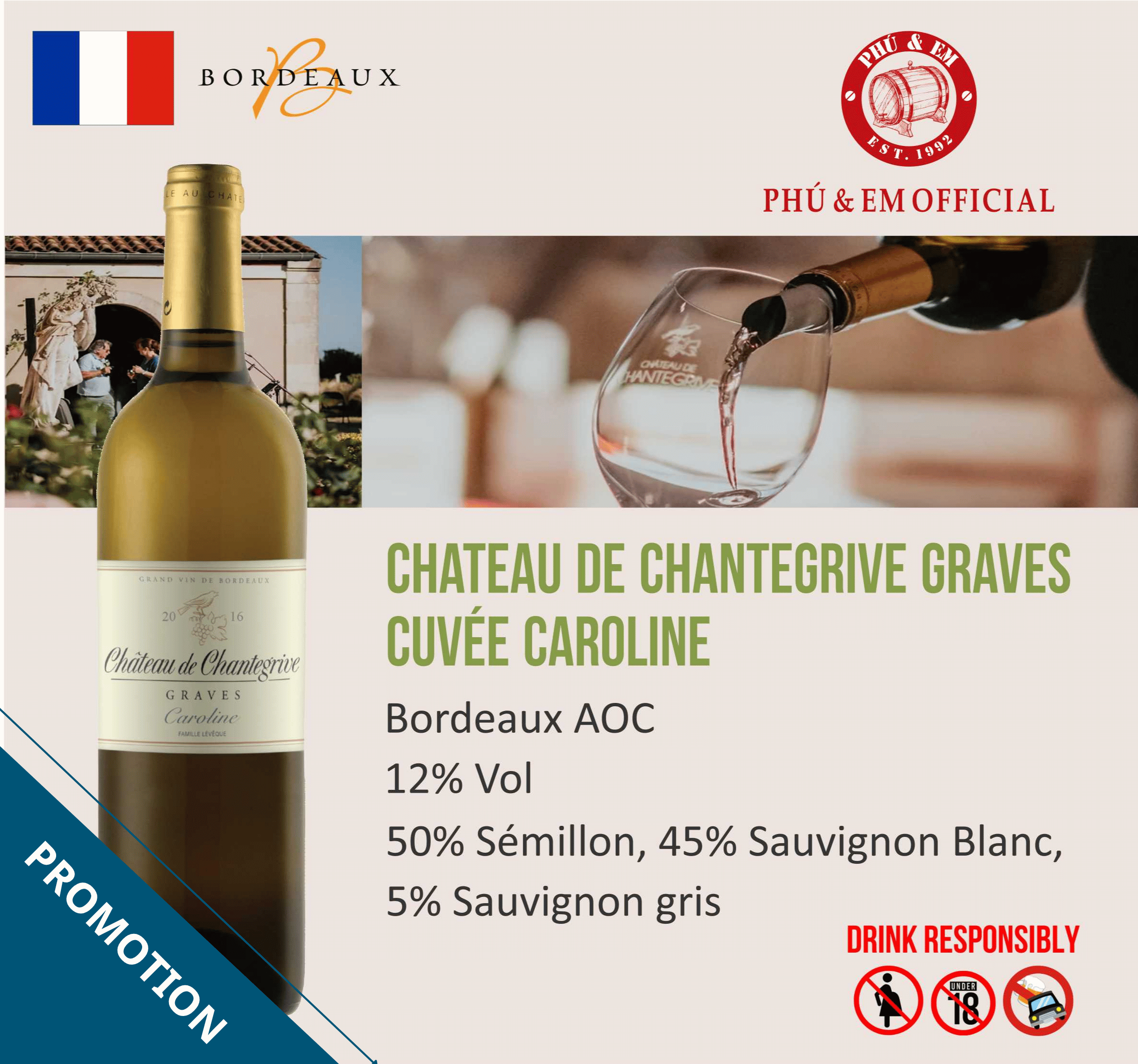  [CHƯƠNG TRÌNH THÁNG TÁM] Rượu Vang Trắng Pháp Chateau de Chantegrive Cuvée Caroline 