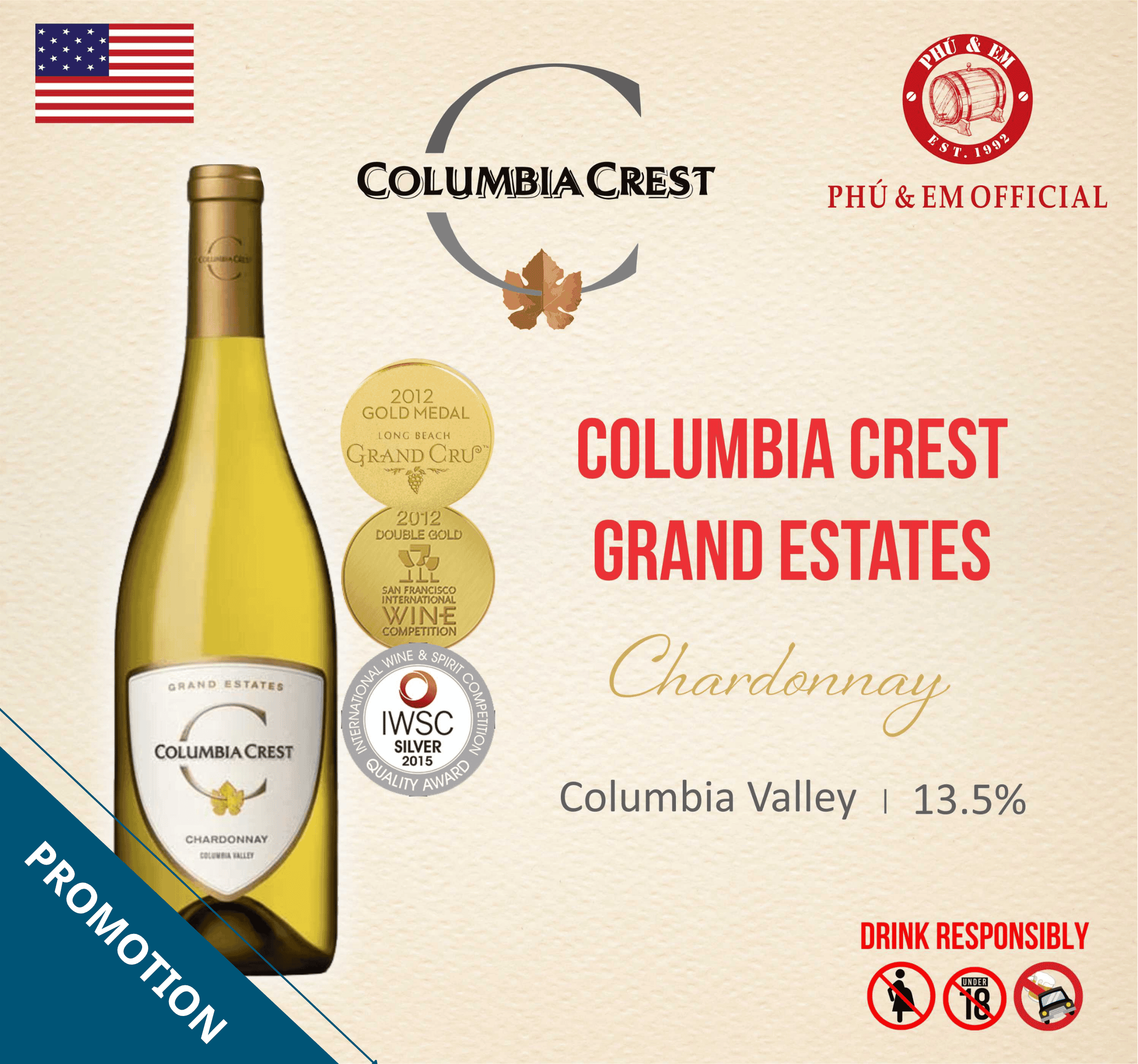 [CHƯƠNG TRÌNH THÁNG TÁM] Rượu Vang Trắng Mỹ Columbia Crest Grand Estates Chardonnay