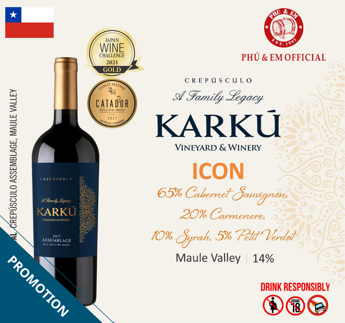  [CHƯƠNG TRÌNH THÁNG TÁM] Rượu Vang Đỏ Chile Karku Crepusculo Icon 