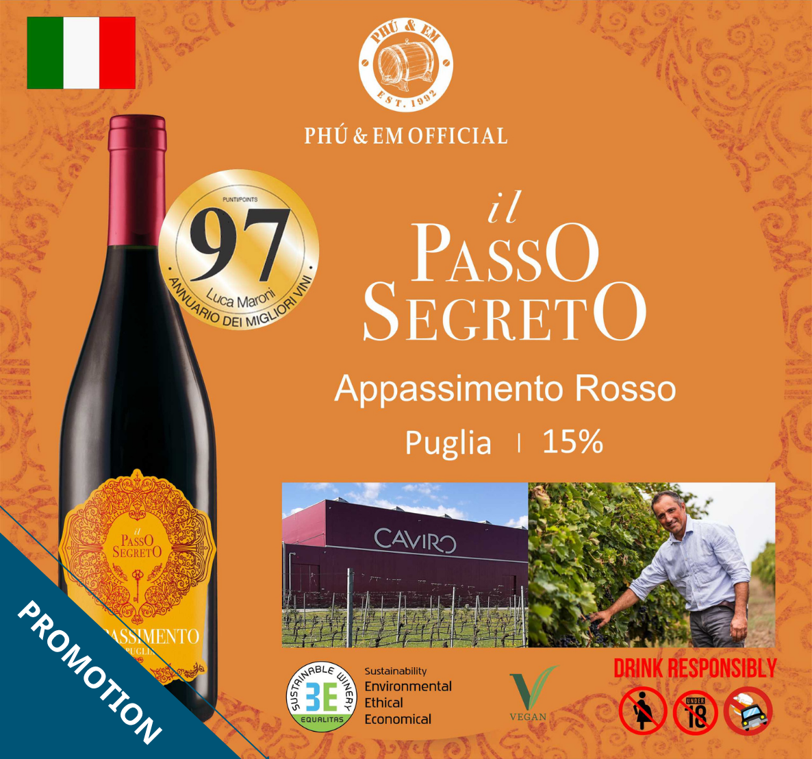  [CHƯƠNG TRÌNH THÁNG TÁM] Rượu Vang Đỏ Ý Il Passo Segreto Appassimento Rosso Puglia 