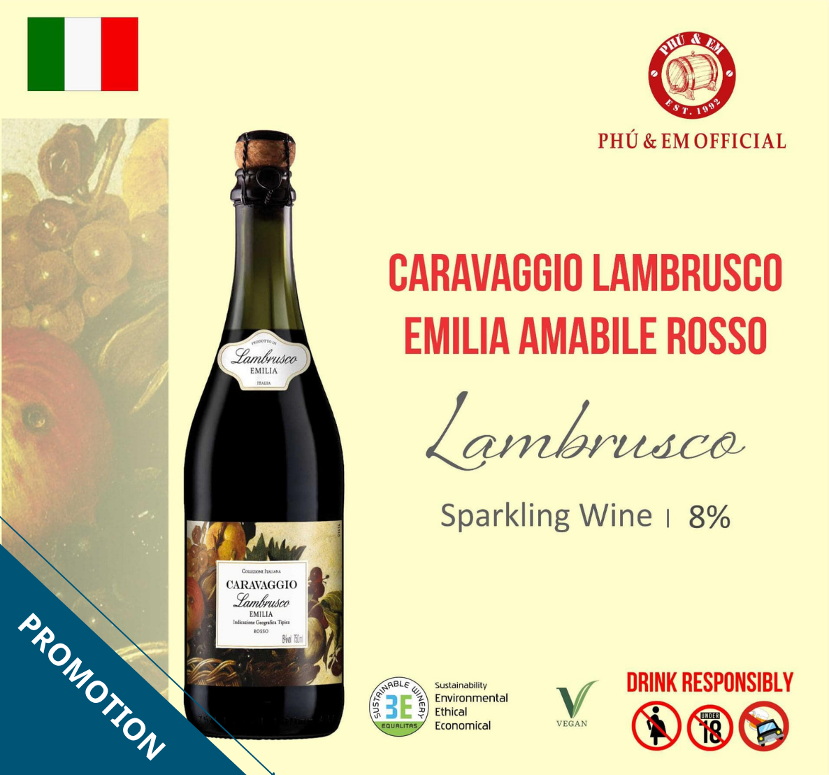  [CHƯƠNG TRÌNH THÁNG TÁM] Rượu Vang Nổ Ý Caravaggio Lambrusco Emilia Amabile Rosso 