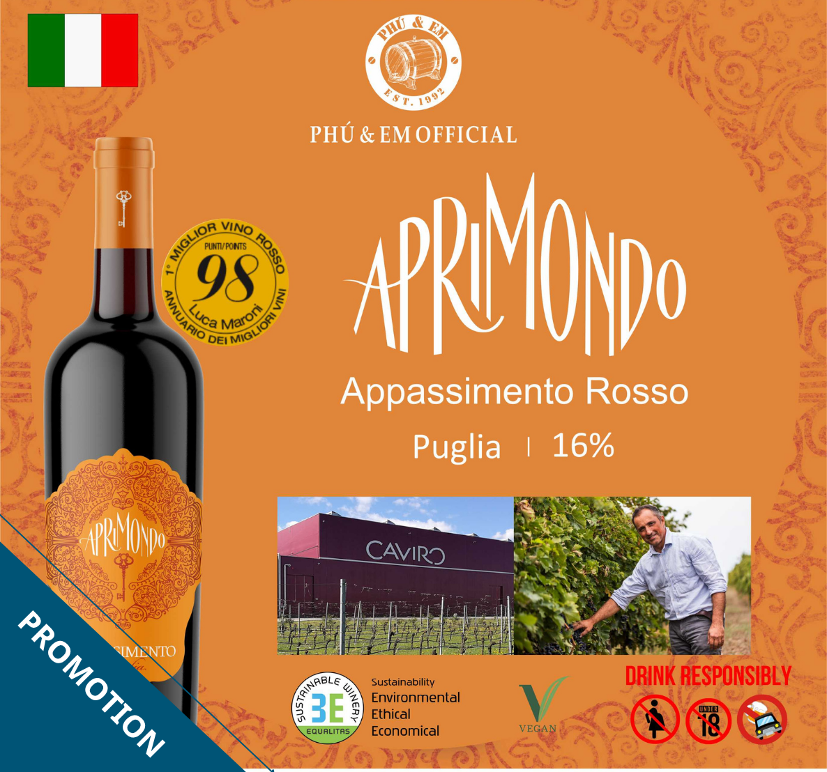  [CHƯƠNG TRÌNH THÁNG TÁM] Rượu Vang Đỏ Ý Aprimondo Appassimento Rosso Puglia 