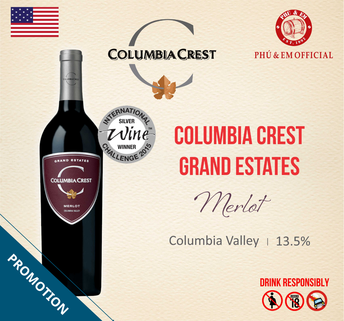  [CHƯƠNG TRÌNH THÁNG TÁM] Rượu Vang Đỏ Mỹ Columbia Crest Grand Estates Merlot 
