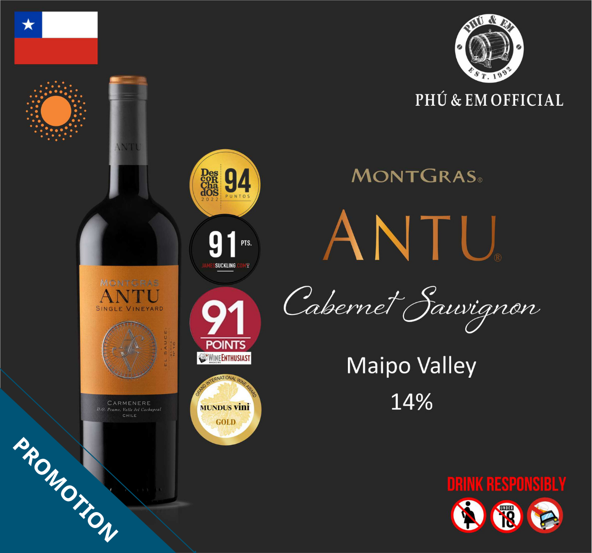  [CHƯƠNG TRÌNH THÁNG TÁM] Rượu Vang Đỏ Chile MontGras Antu Cabernet Sauvignon 